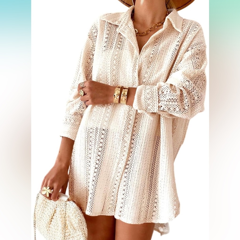 Beige Coastal Chic Hippie Lace Crochet Knit Collard Button Down Tunic Large